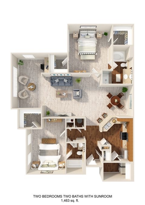 Floor plan for 2 beds, 2 baths, 1463 sqft